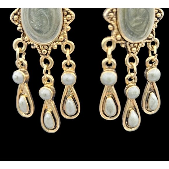Vintage Light Green Aventurine Gold-Tone Dangle Earrings Teardrop Accents 2" - Picture 3 of 4